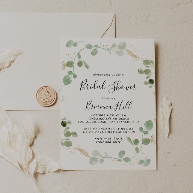 Gold Confetti Eucalyptus Foliage Bridal Shower Invitation (Creator Uploaded)