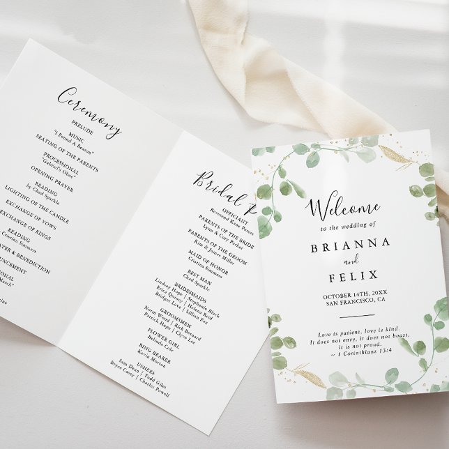 Gold Confetti Eucalyptus Foliage Folded Wedding Programme (Creator Uploaded)