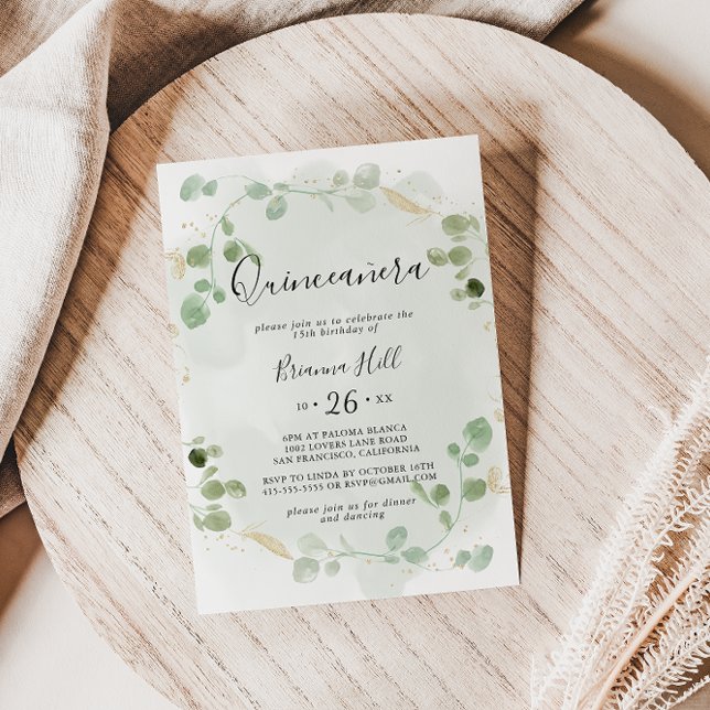 Gold Confetti Eucalyptus Foliage Quinceañera Invitation (Creator Uploaded)