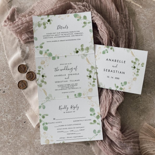 Gold Confetti Eucalyptus Foliage Trifold Wedding  (Creator Uploaded)