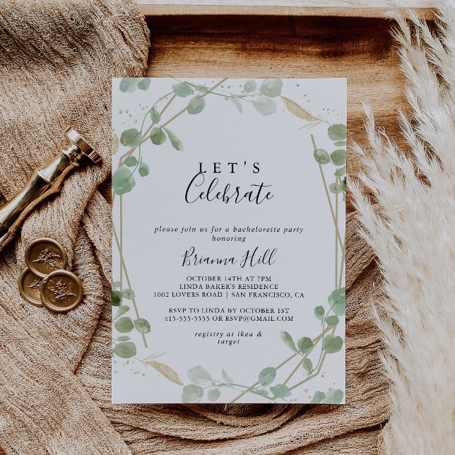 Gold Confetti Eucalyptus Let's Celebrate Party  Invitation (Creator Uploaded)