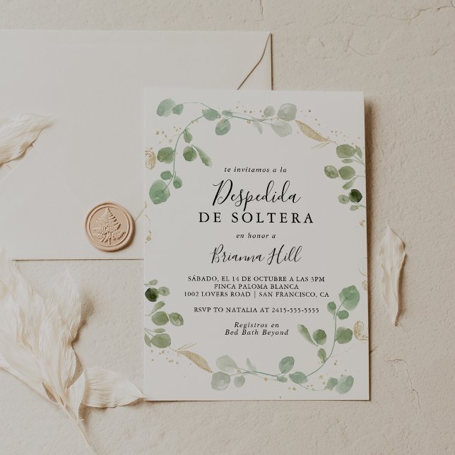 Gold Confetti Eucalyptus Spanish Bridal Shower  Invitation (Creator Uploaded)