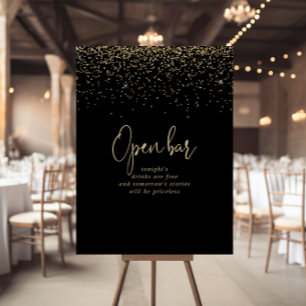 Gold Confetti Fancy Script Wedding Open Bar Sign