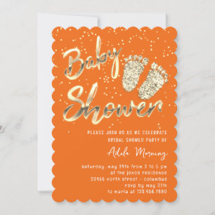 Gold Confetti Feet Baby Shower Script Orange Invitation