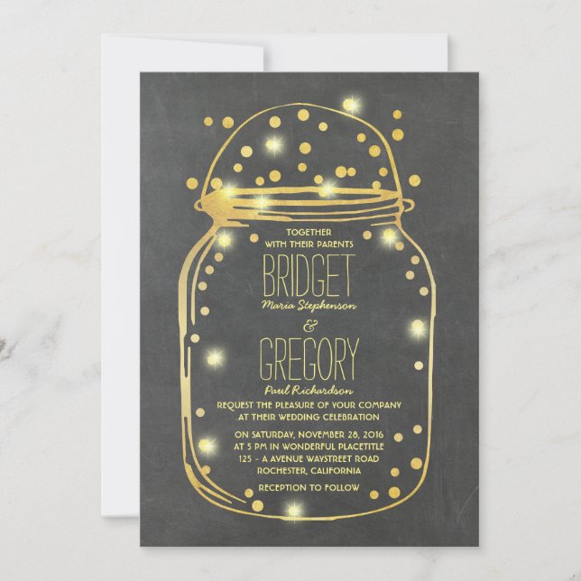 Gold Confetti Fireflies Mason Jar Wedding Invitation (Front)