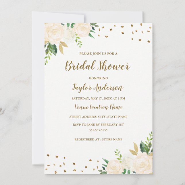 Gold Confetti Floral Bridal Shower Invitation (Front)