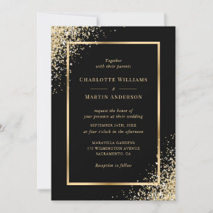 Gold Confetti Frame Elegant Modern Black Wedding Invitation