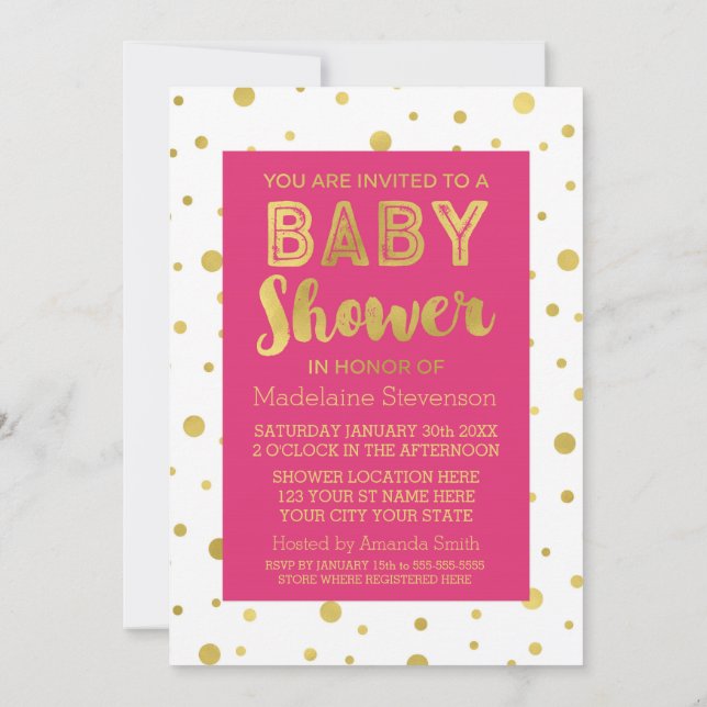 Gold Confetti Fuchsia Pink Baby Shower Invitation (Back)