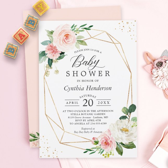 Gold Confetti Geometric Blush Floral Baby Shower Invitation (Creator Uploaded)