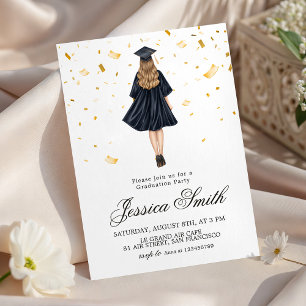 Gold Confetti Girl Illustration Grad Invite