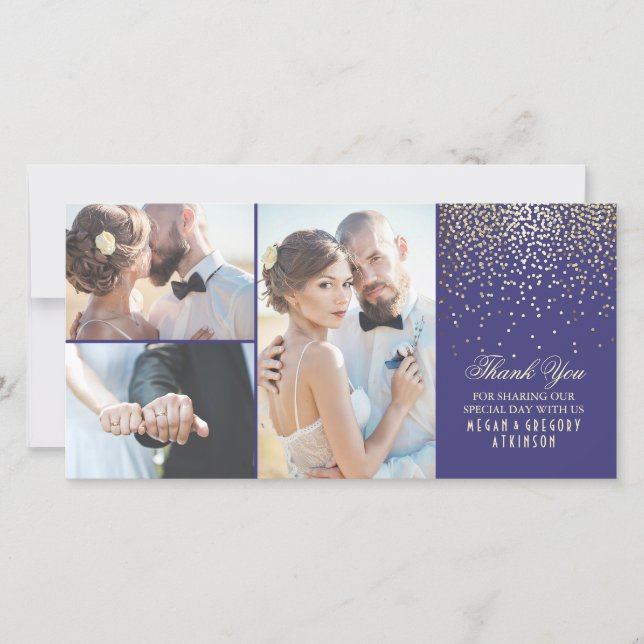 Gold Confetti Glamour Navy Wedding Thank You (Front)