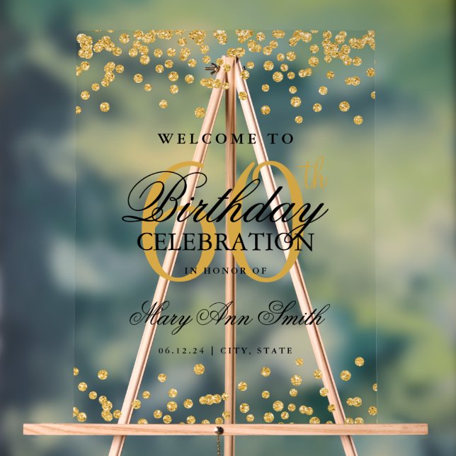 Gold Confetti Glitter 60th Birthday Party Welcome  Acrylic Sign (Neutral)