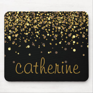 Gold Confetti Glitter Black Faux Foil Glittery Mouse Pad