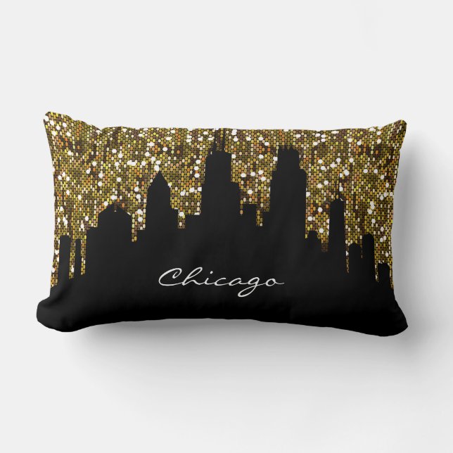 Gold Confetti Glitter Chicago Skyline Landmark Lumbar Cushion (Front)
