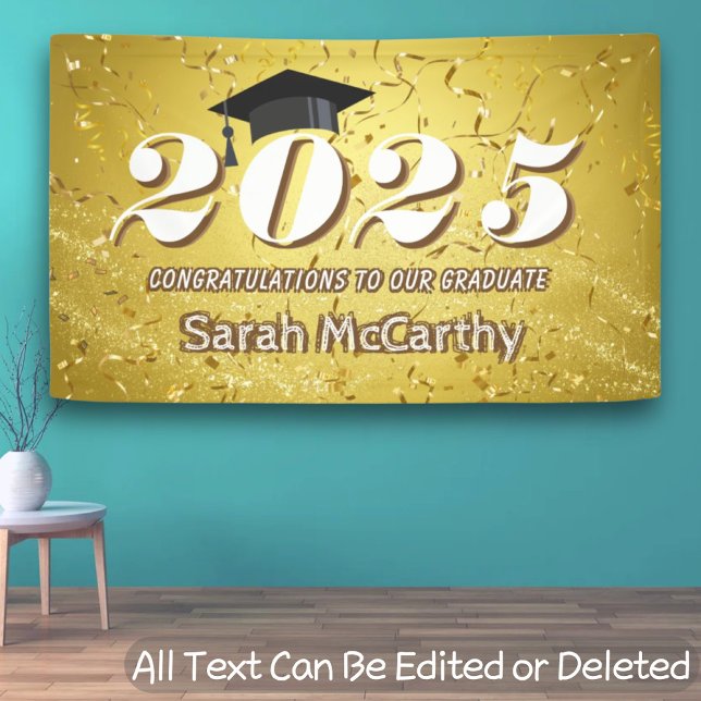 Gold Confetti Glitter Class of 2025 Graduation Cap Banner (Creator Uploaded)