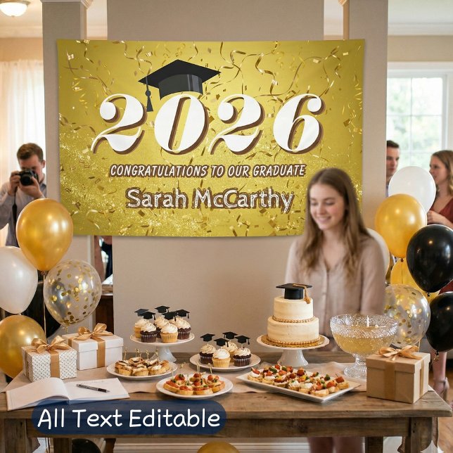 Gold Confetti Glitter Class of 2026 Graduation Cap Banner (Creator Uploaded)