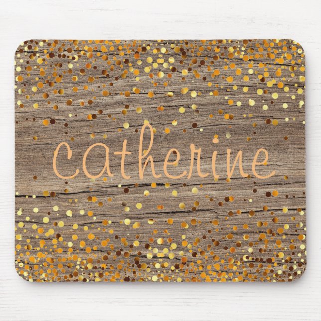 Gold Confetti Glitter Faux Foil Wooden Glittery Mouse Pad (Front)