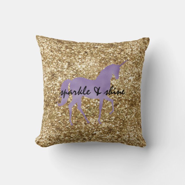 Gold Confetti Glitter Purple Unicorn Cushion (Front)