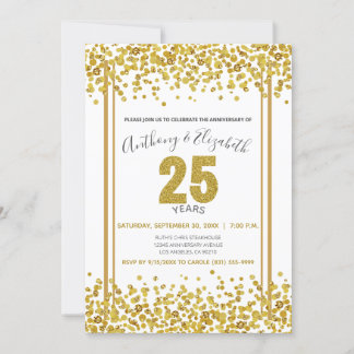 Gold Confetti Glitter-Style 25th Anniversary Party Invitation