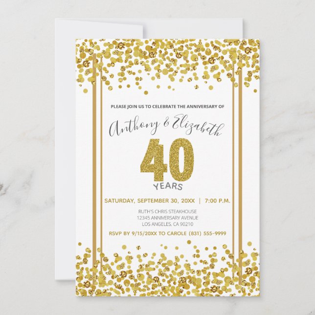 Gold Confetti Glitter-Style 40th Anniversary Party Invitation (Front)