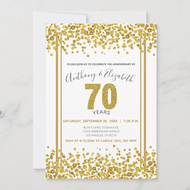 Gold Confetti Glitter-Style 70th Anniversary Party Invitation (Front)