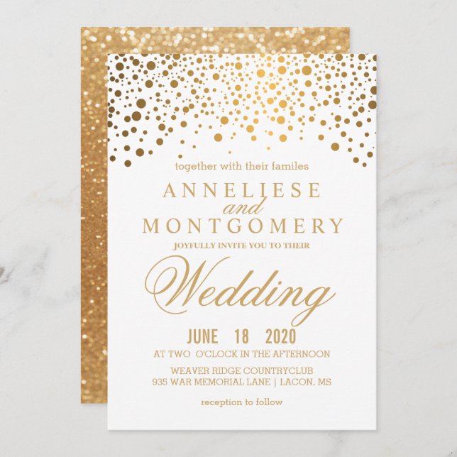 Gold Confetti & Glitter & White Wedding Invitation (Front/Back)