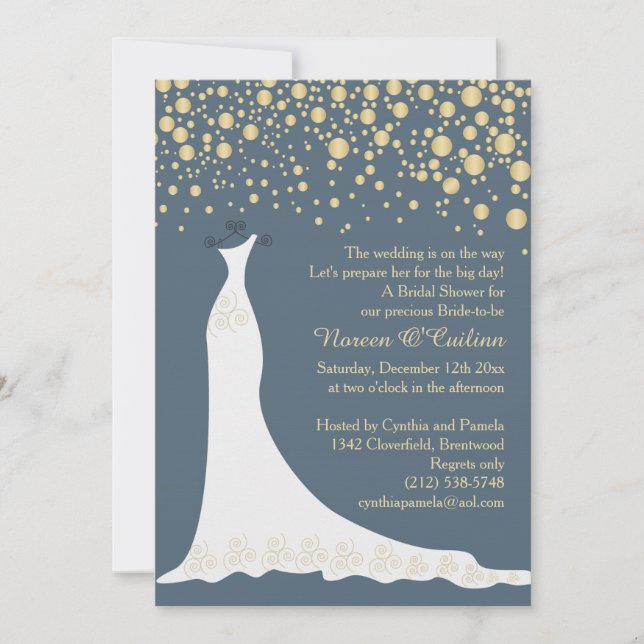 Gold confetti, gown on grey blue Bridal Shower Invitation (Front)