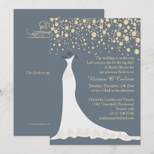 Gold confetti, gown on grey blue Bridal Shower Invitation