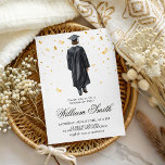 Gold Confetti Grad Boy Illustration Invite<br><div class="desc">Celebrate his achievement with this "Gold Confetti & Grad Boy" invitation. Featuring a sophisticated illustration of a graduate in a black gown with falling gold glitter confetti. This festive and elegant design, paired with classic typography, is perfect for the Class of 2026. Ideal for high school or college graduation parties...</div>