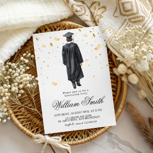 Gold Confetti Grad Boy Illustration Invite