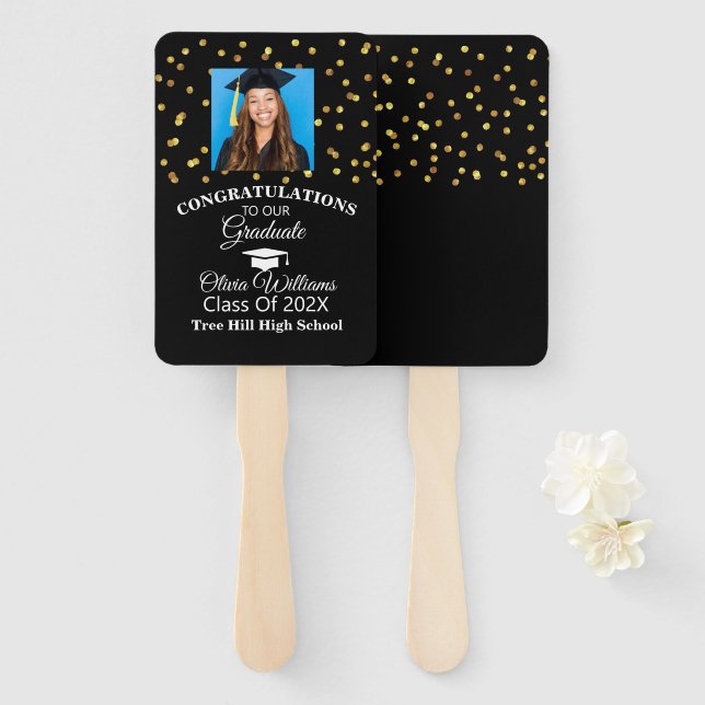Gold Confetti Graduate Photo Graduation Party Hand Fan (Front and Back)