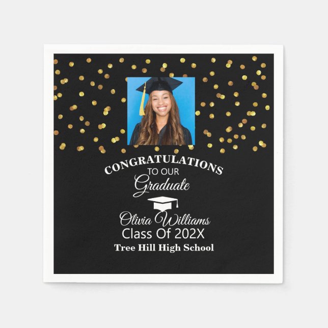 Gold Confetti Graduate Photo Graduation Party Napkin (Front)