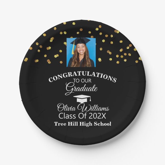 Gold Confetti Graduate Photo Graduation Party Paper Plate (Front)