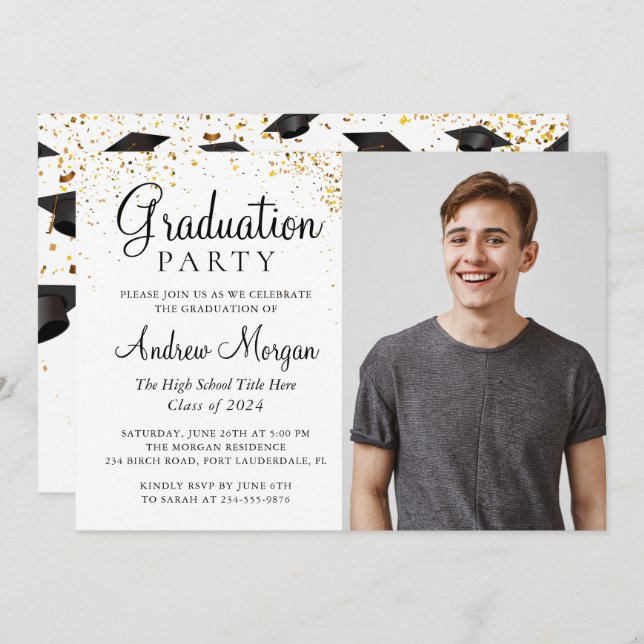 Gold confetti Graduation Caps Graduate Photo Invitation (Front/Back)