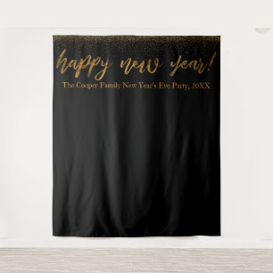 Gold Confetti Happy New Year! Black Backdrop Tapestry