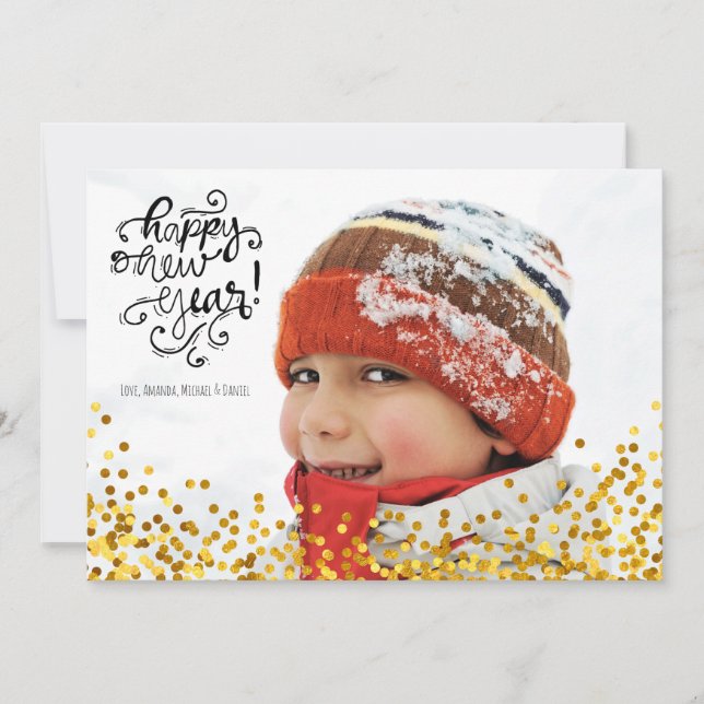 Gold Confetti Happy New Year Photo Card (Front)