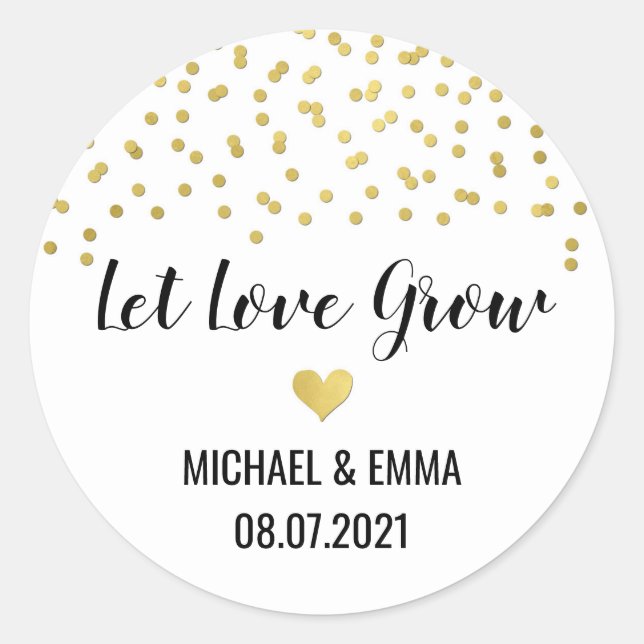 Gold Confetti Heart Let Love Grow Classic Round Sticker (Front)