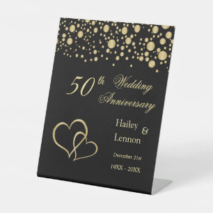 Gold Confetti Hearts 50th Wedding Anniversary Pedestal Sign
