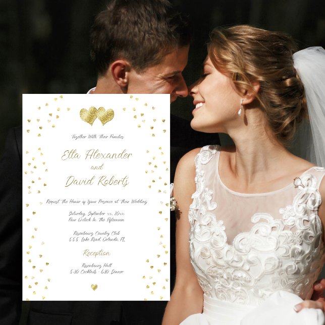 Gold Confetti Hearts, Wedding Invitation (Creator Uploaded)