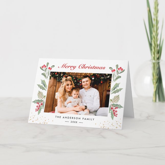 Gold Confetti Holly Berries Merry Christmas Photo Holiday Card (Front)