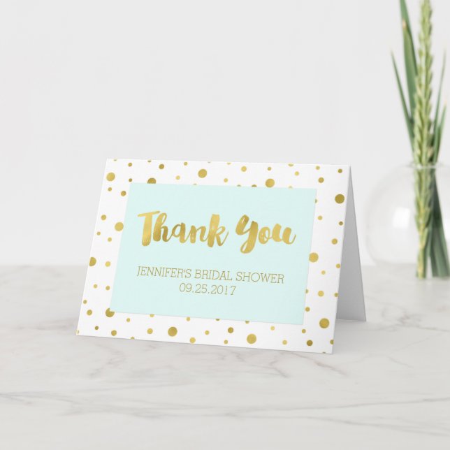 Gold Confetti Light Blue Bridal Shower Thank You Card (Front)