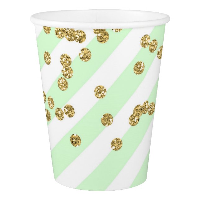 Gold Confetti Light Mint Green Stripes Cups (Front)