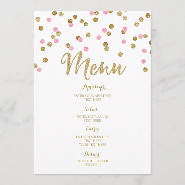 Gold Confetti Light Pink Wedding Menu (Front)