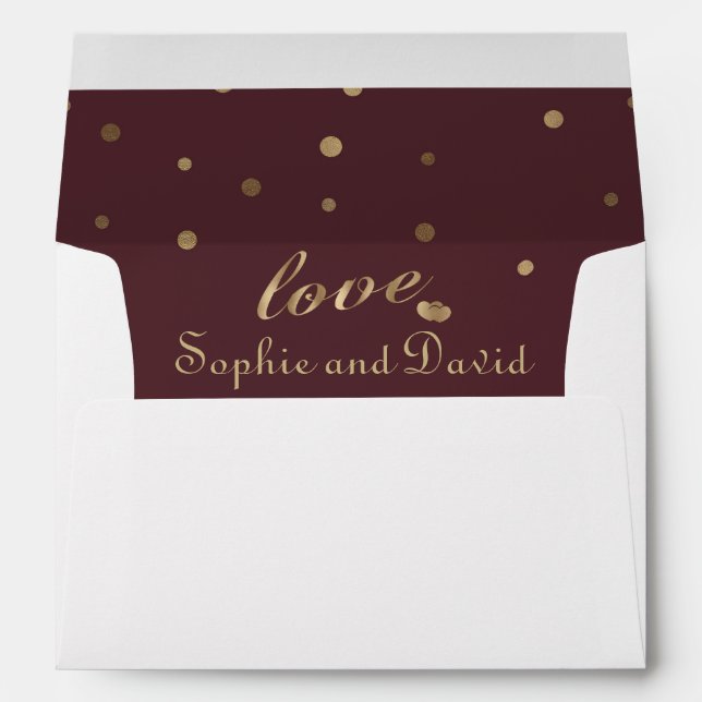 Gold Confetti Love Burgundy Wedding Envelopes (Back (Bottom))