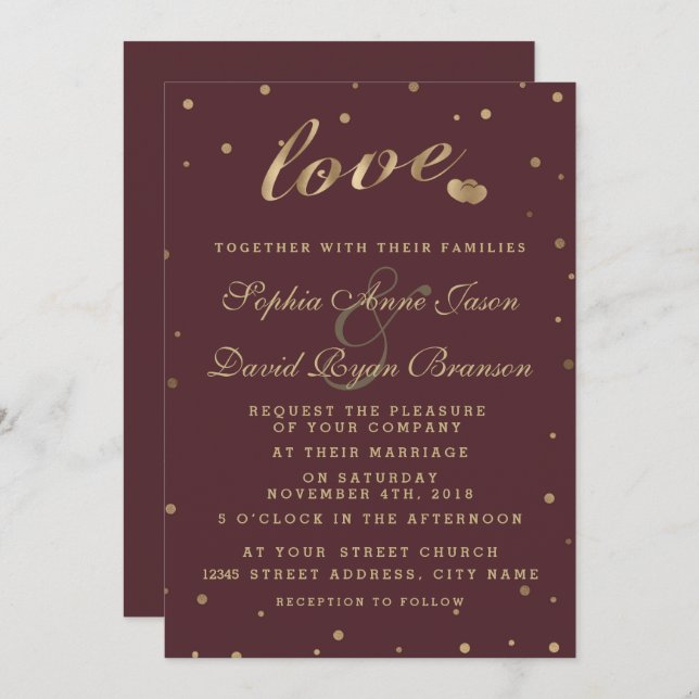Gold Confetti Love Burgundy Wedding Invite (Front/Back)