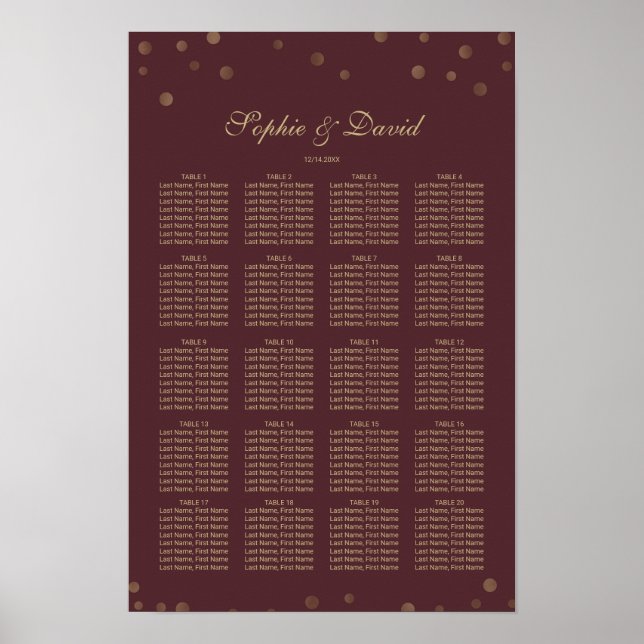 Gold Confetti Love Burgundy Wedding Seating Chart (Front)