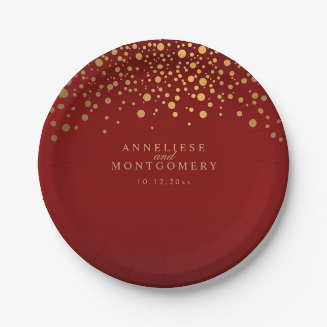 Gold Confetti Maroon Red Paper Plate (Front)