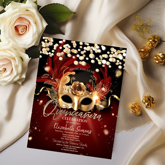 Gold Confetti Masque Red Quinceañera  Invitation (Creator Uploaded)