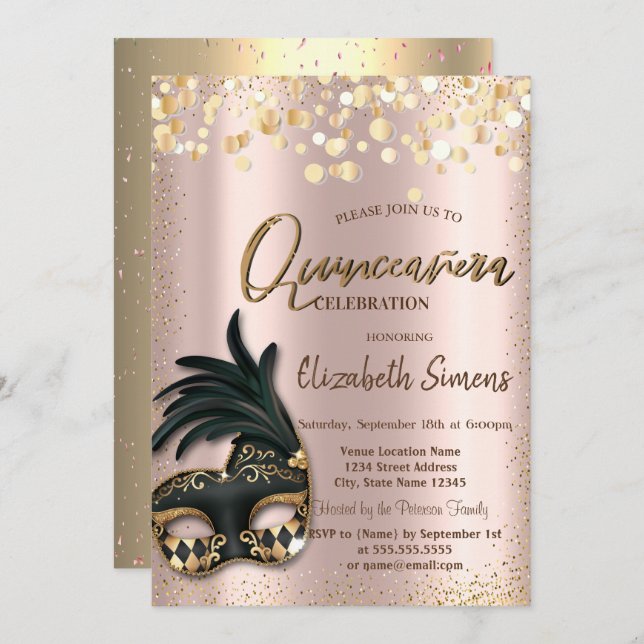 Gold Confetti Masque Rose Gold Quinceañera Invitation (Front/Back)