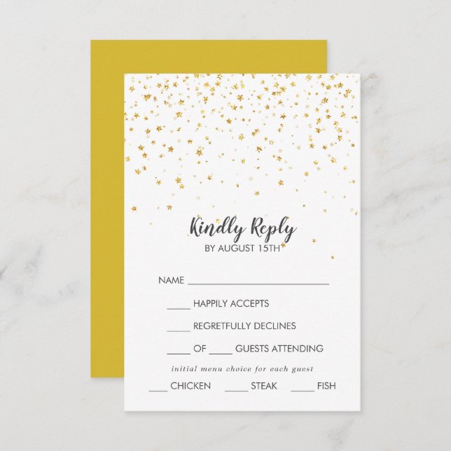Gold Confetti Menu Choice Wedding RSVP Card (Front/Back)